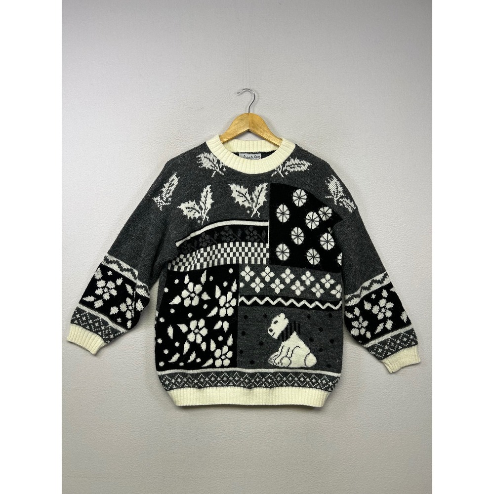 Vintage Cottagecore Private Eyes Women Large Grey Patchwork Dog Knit Sweater